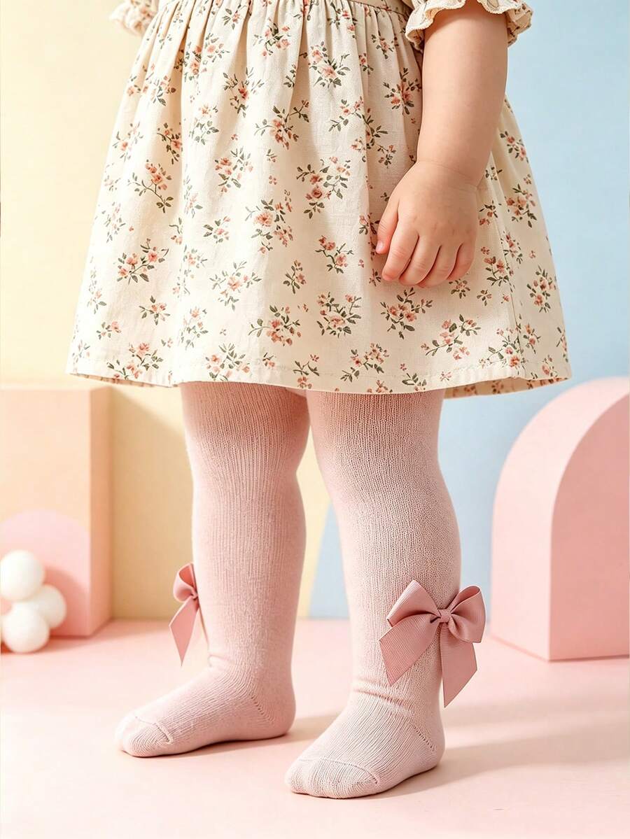 1 pieza Medias de niña con decoración de lazo de unicolor, adecuadas para uso diario