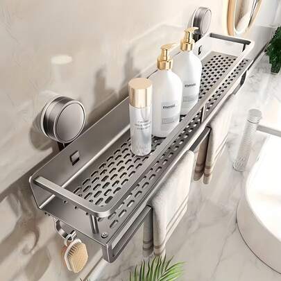 1/2pcs Simple Design Anti-Rust Wall Mounted Shower Caddy (With Suction Cups) - Heavy Duty Polished Floating Storage Shelf With Towel Hooks, Space-Saving Bathroom Organizer For Shampoo, Soap And Accessories, Bathroom Shelf, Shower Rack