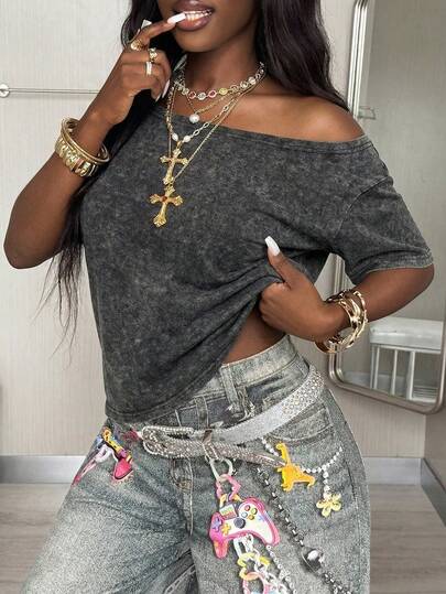 LILL Women's Summer Off-Shoulder T-Shirt - Garment-Washed, Distressed Cotton Top With Slight Stretch; Short-Sleeve Casual Streetwear Style In Black