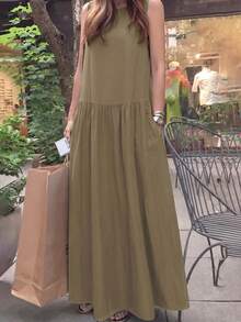 Đầm maxi dài tay không tay cổ tròn dáng rộng màu trơn, thích hợp mặc mùa xuân hè, áo khoác cardigan dài tay, áo khoác ngoài phối màu thời trang, trang phục đi học, áo sơ mi dài kiểu Mỹ, trang phục giáo viên, trang phục đi làm, phong cách tối giản, trang phục công sở, cổ điển, đơn giản, thanh lịch kiểu Pháp. - Màu Khaki - Xem 1