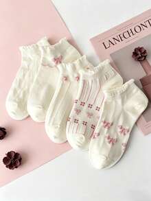5 Packs Of Sweet Ruffled Bow Socks, Cute Ruffled Socks, Perfect For Everyday Casual Wear, Preppy Style Socks. - Multicolor - View 1