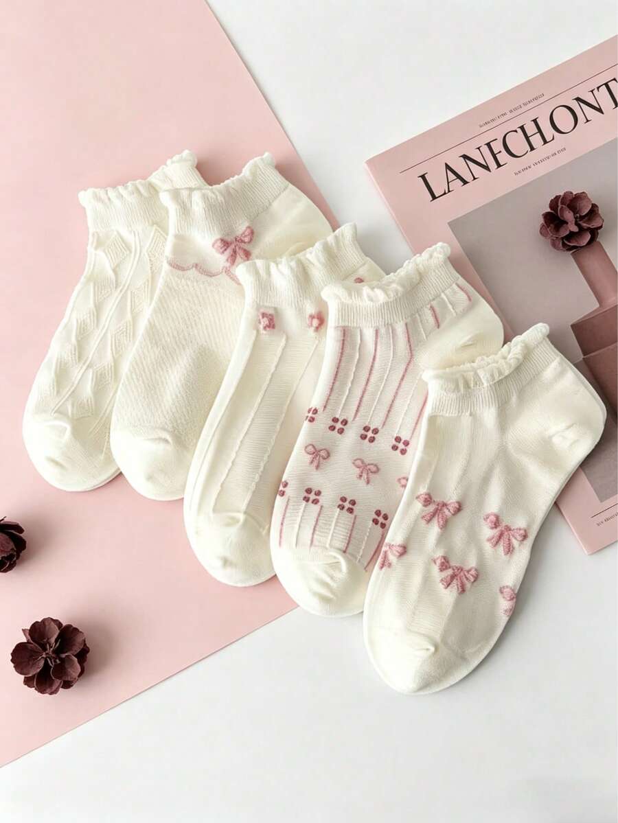 5 Packs Of Sweet Ruffled Bow Socks, Cute Ruffled Socks, Perfect For Everyday Casual Wear, Preppy Style Socks. - Multicolor - View 1