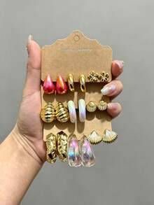 Nuevo conjunto de pendientes minimalista europeo y americano, con diseño creativo y colorido con un toque elegante, adecuado para uso diario y citas - Multicolor - Ver 6