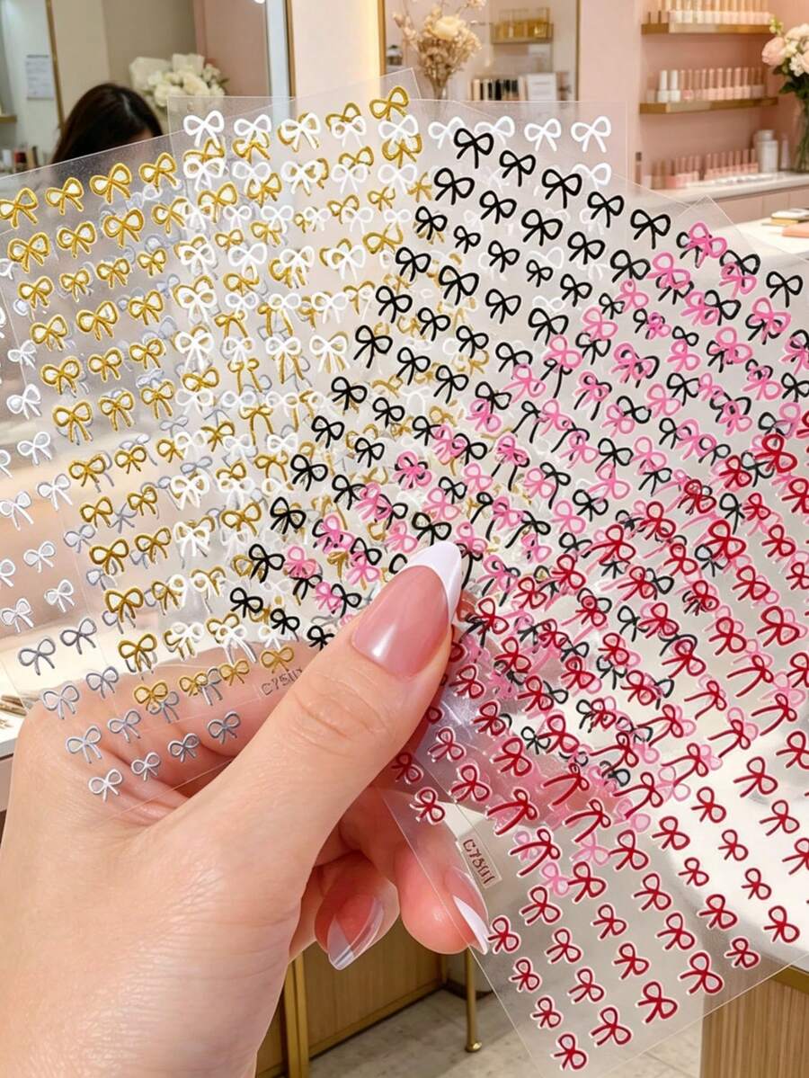 6入組 3D 卡通蝴蝶結美甲貼紙,塑膠自黏式美甲貼,亮片裝飾,一次性使用,多款裝 DIY 家用美甲與美甲沙龍配件 - 彩色 - 查看 1