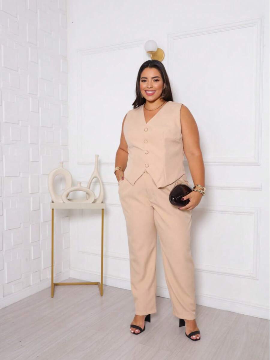 Women's Plus Size Skinny Pants And Tailored Vest Set - Elegant Formal Wear - 米色 - 查看 1
