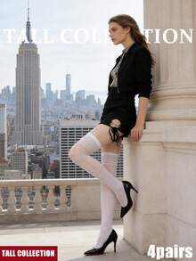 4 双装 TALL COLLECTION 优雅女士条纹过膝透明长筒袜，黑色条纹拼接高筒袜，春季学院风连裤袜，黑色仿过膝长袜，四季性感高腰弹力纯色针织连裤袜，撞色条纹超薄 - 彩色 - 查看 4