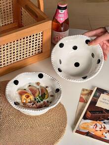 1pc Asymmetrical Hand-Pinched Polka Dot Ceramic Bowl, Large Capacity Double-Ear Bowl, Polka Dot Spoon, Breakfast Yogurt Bowl, Rice Bowl, Double-Ear Soup Basin, Single-Serve Ceramic Tableware, Suitable For Home, Restaurant, Dessert Shop, Office, Gift - Multicolor - View 10