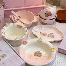 可爱甜美小熊系列陶瓷餐具，釉下彩水果碗、沙拉碗、酸奶碗、饭碗、面碗，适合家庭和餐厅使用，是节日和生日礼物的完美之选。 - 彩色 - 查看 7