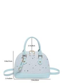 Quilted Double Handle Round Top Bag, Minimalist Design Zipper Shoulder Bag, Patchwork Star Embroidery Crossbody Bag, Portable Top Handle Tote - Baby Blue - View 2