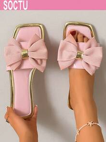 Sandalias planas de punta cuadrada con lazo rosa, estilo vacacional, sandalias de playa de una tira para mujer, de moda y versátiles - Rosa Pálido - Ver 6