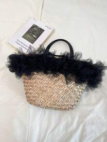 2026夏季新款法式复古黑色网纱蕾丝草编手提包，小众设计编织手提包，大容量通勤沙滩包，百搭优雅女士包 - 黑色 - 查看 7