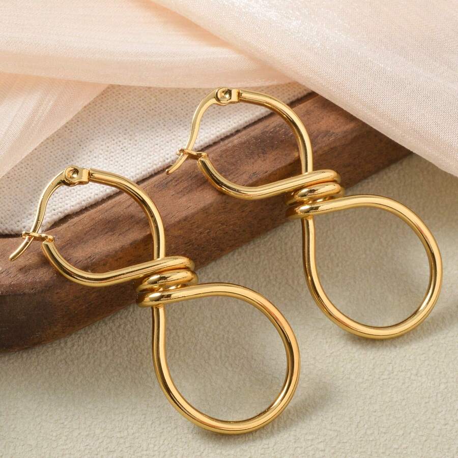 18K Gold Geometric Twisted Infinity Symbol Earrings, Fashionable Daily Wear For Women - Gold - View 1