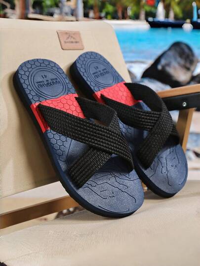 High Quality New Men's Thick Sole Striped Slippers, Beach Sandals, Flat Casual Slides, Suitable For Outdoor Travel