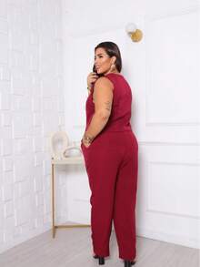Women's Plus Size Skinny Pants And Tailored Vest Set - Elegant Formal Wear - Màu Đỏ Sâu - Xem 3