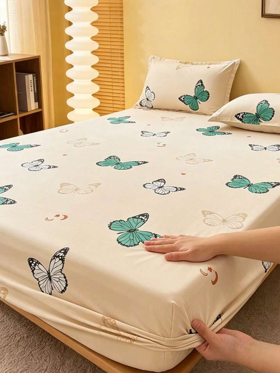 Butterfly Print Fitted Sheet, Skin-Friendly Soft Material, Home Mattress Protector, Suitable For Single Bed And Double Bed, Multiple Sizes Available - View 1