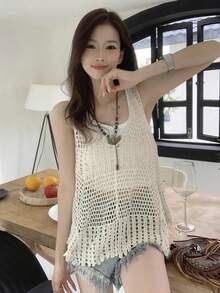 Áo khoác không tay ren móc rỗng cho mùa hè - Màu be - Xem 3