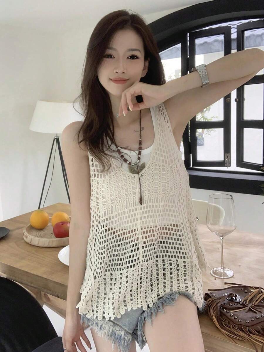Áo khoác không tay ren móc rỗng cho mùa hè