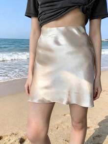 1pc Plain Color Casual, Holiday, Evening Date Taffeta Mini Skirt, Spring/Summer New Arrival - Apricot - View 5