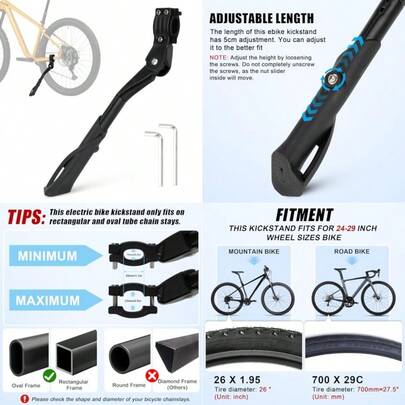 E Bike Kickstand For Adult Bikes PSLER Adjustable Ebike Kickstand Heavy Duty Antislip Bike Kick Stand For 24"-29" Electric Bike Road Bike Adult Bikes Mountain Bike