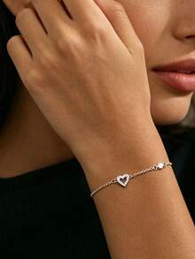 1 pieza Pulsera de corazón hueco de plata de ley S925, joyería de moda minimalista y delicada con forma de corazón de diamante de imitación, adecuada para uso diario, regalo versátil y dulce para mujeres - Amar - Ver 4