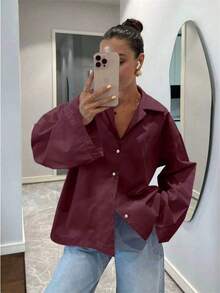 粉色长袖休闲优雅复古时尚女式衬衫，适合春季、夏季、节日、情人节穿着。 - 酒紅色 - 查看 8