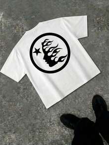 Men's Y2K Streetwear Graphic T-Shirt, Flame Head Silhouette & Star Inspired Bold Text & Circular Print Short Sleeve Tee, Crew Neck Casual Top With Star Accent Detail, Daily Casual Wear, Streetwear & Graphic Tee Enthusiast Outfit, Ideal Gift For Retro Street Style Fansgraphic T,Men's Clothes,Summer - 白色 - 查看 3