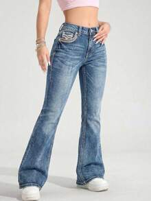 Flattering Flared Denim Pants With Decorative Pockets For A Unique Look. - Grayish Blue LMKF024guion1 - View 11