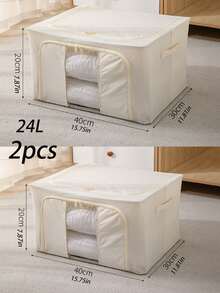 2pcs/1pc Foldable Large Capacity Fabric Storage Box, Big Wardrobe Organizer Box, Dustproof Clothes & Bedding Storage Box, Dual Zipper Design, Durable, Large Capacity, With Faux Leather Handle, Portable, Can Be Used As Bedding Storage Box Or Nightstand Storage Box - Beige - View 10
