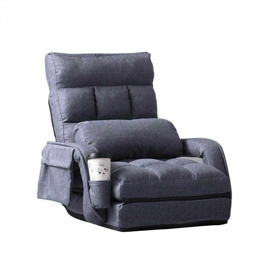 4-Way Reclining Floor Chair With 14-Position Adjustment, Made In Japan By KoYo, With Armrests, Cushion, Storage Pocket, Cup Holder, Linen Fabric, Compact And Foldable, Suitable For Single Living, Studio Apartments, Living Rooms, Bedrooms, Reading, Watching TV, Working From Home, Fully Assembled (No Assembly Required), Pressure Distribution, Comfortable For Long-Term Use, Easy Storage, Lightweight, Easy To Move, Gift Idea, Chair, Floor Chair, Reclining Sofa, Relax Chair, Couch Sofa, Memory Foam, High Back, Adjustable Backrest, Gear System, Stepless Adjustment, Foldable, Space-Saving, Compact Storage, Cotton, Linen, Washable Cover, Removable, Pocket, Side Pocket, Drink Holder, Smartphone Storage, Watching TV, Gaming, Napping, Guest Chair, Auxiliary Chair, Elderly Care, Gift Idea, Father's Day, Mother's Day, Birthday - Màu xanh lam - Xem 1