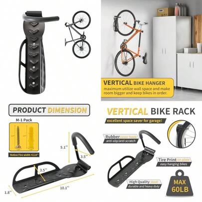 Vertical Bike Rack Wall Mount For Garage Heavy-Duty Steel Bicycle Hook For Indoor Storage Space-Saving Holder For Road Mountain And Hybrid Bikes Fits Tires Up To.6" Wide