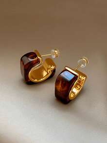 1 Pair Elegant Old Money Style Resin C-Shaped Hoop Earrings Suitable For Women's Daily Wear And Gatherings - Brown - View 6