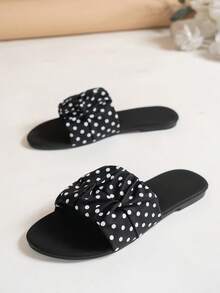 优雅女士平底凉鞋，圆头黑色蝴蝶结派对鞋，百搭时尚连衣裙，休闲户外沙滩拖鞋，露趾凉拖 - 黑色 - 查看 5