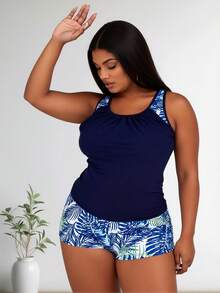 2026SS New Swimsuits Women, Plus Size Navy Blue Tropical Leaf Print Ruched Two Piece Tankini Set With Boyshorts, Tummy Control Bathing Suit Beach Vacation, Cruise, Boho Holiday - 彩色 - 查看 3