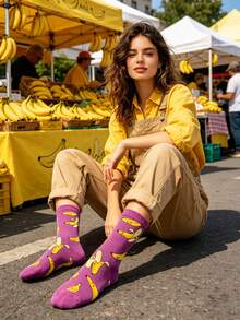 1双女士紫色香蕉图案休闲百搭中筒袜 - 彩色 - 查看 2