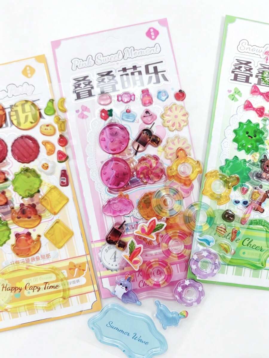 可爱、清新、甜美、自然风格的卡通3D水晶手机壳，叠叠乐贴纸，文具贴纸，涂鸦贴纸，糖果树脂贴纸，贴纸书，卡通印章糖果微场景贴纸，3D装饰手绘贴纸，无需裁剪，返校用品，迎接新学期