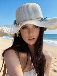 1件女士波西米亚风编织蝴蝶结装饰海洋主题配饰，海星贝壳装饰，休闲英法风时尚日常外出，海滩摄影，透气草帽 - 海星 - 查看 3