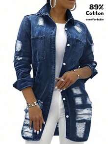 Women's Casual Mid-Length Distressed Washed Denim Jacket, Autumn Spring - màu đen - Xem 7