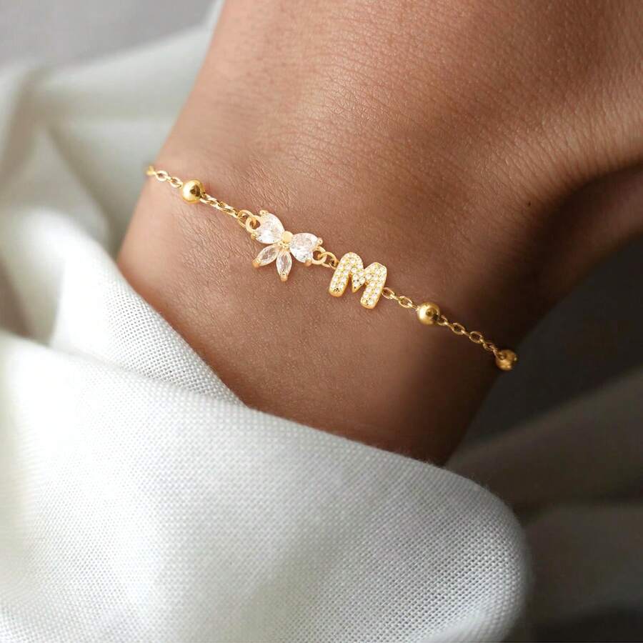 1pc Minimalist Fashionable Bow & Letter Stainless Steel Gold Bead Chain Bracelet For Women - Golden Micro-inlaid Bubbles - View 1