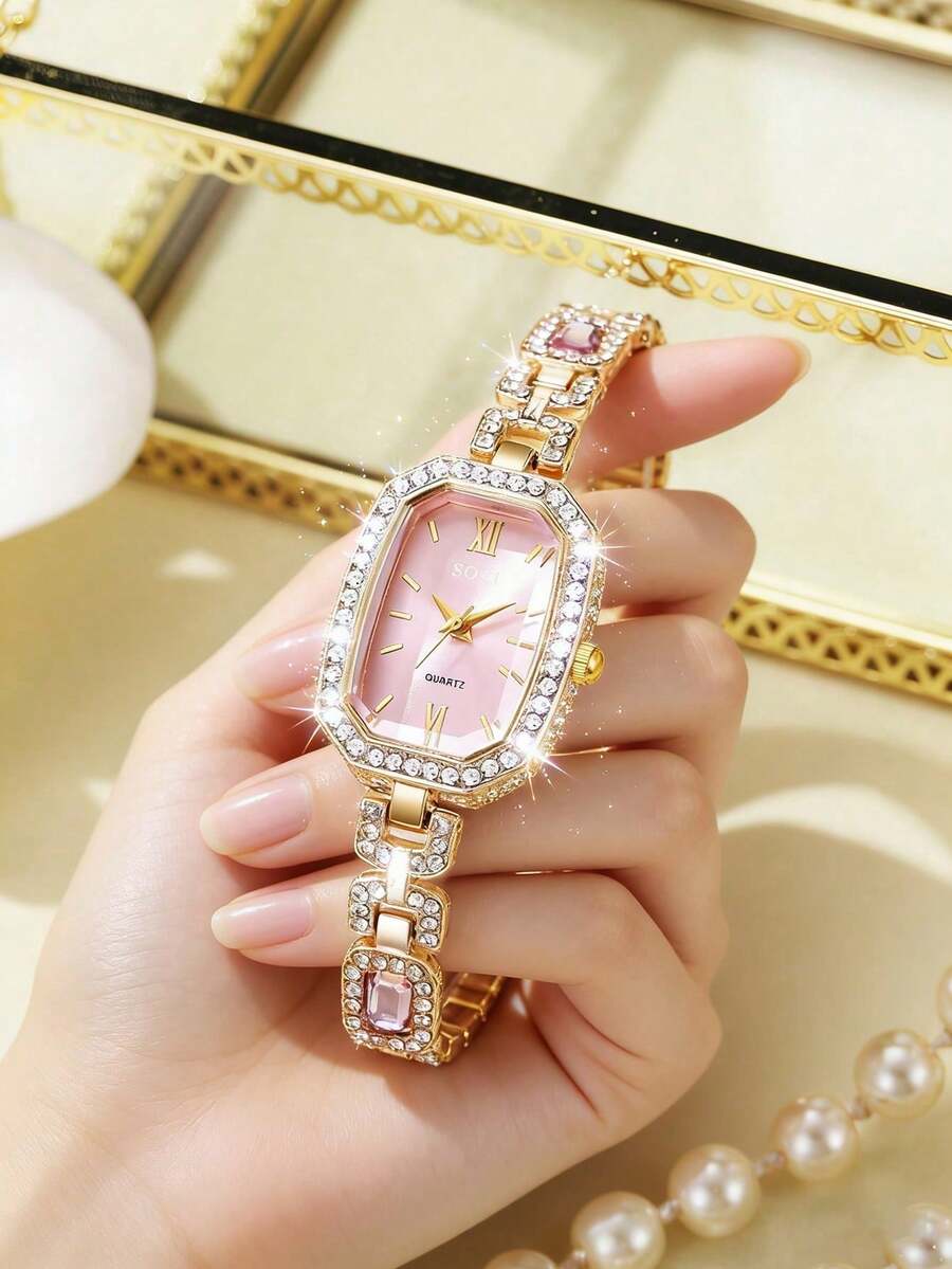 Women's Watch, Elegant & Fashionable, Square Rhinestone Dial Quartz Watch, Suitable For Daily Wear, Birthday Gift, Back To School, Thanksgiving, Couples, Ultimate Gift - Pink - View 1