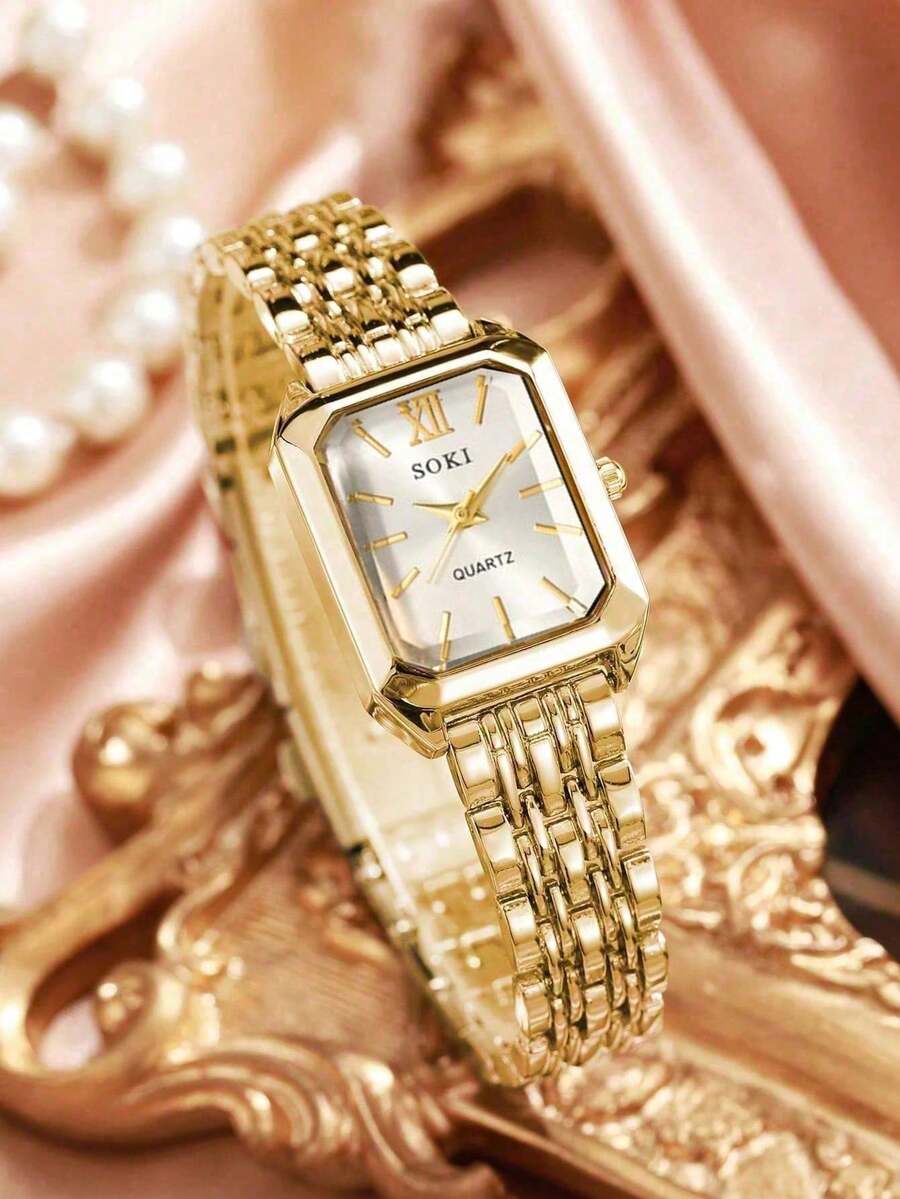 SOKI New Fashion Square Dial Quartz Women's Watch, Suitable For Daily Wear, Birthday Gift, Back To School, Thanksgiving, Couples, Best Gift - Gold - View 1