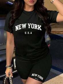 Men's And Women's Short-Sleeved Crew Neck T-Shirt, Loose Fit And Breathable, With "NEW YORK" Print, One-Piece Jumpsuit Style, Single Pack. Breathable And Comfortable. - 黑色 - 查看 6