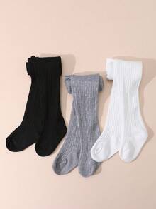 3 Pairs Baby Girls' Solid Color Cable Knit Tight Elastic Leggings, Soft And Comfortable For 0-3 Years Old - Multicolor - View 7