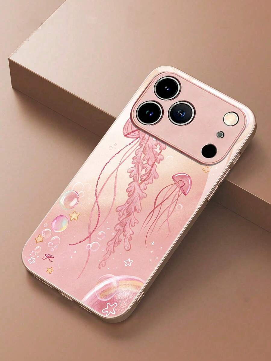 1pc Cute & Dreamy Jellyfish, Ocean Elements, Healing Aesthetic Soft & Fresh Romantic Temper Glass Phone Case Compatible With Iphone/, Elegant & Adorable Gift For Girlfriend, Wife Or Friend On Birthday, Valentine's Day, Anniversary - Pink - View 1