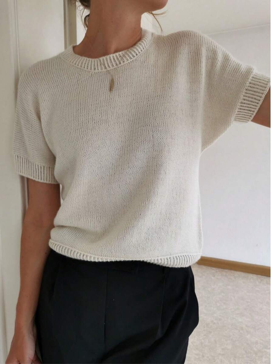 Solid Color Versatile Round Neck Knit Casual Short Sleeve Top White - White - View 1