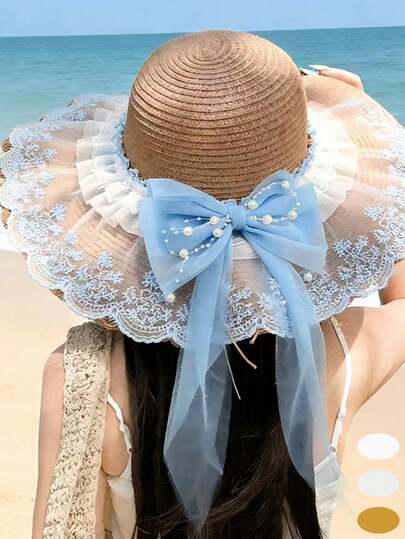 女士波西米亚风编织蝴蝶结珍珠装饰网纱缎带休闲英法风时尚日常外出拍照户外沙滩透气草帽