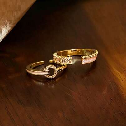 Bộ 2 chiếc nhẫn hở hình học sang trọng, thanh lịch, cá tính, đính đá Cubic Zirconia, phù hợp cho nữ giới đeo hàng ngày, dự lễ hội và tiệc tùng.