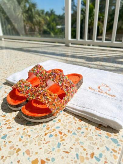 roulvxiang 宽楦休闲家居度假女鞋，钻石亮片厚底沙滩拖鞋，特殊场合时尚黑色多色大码凉鞋