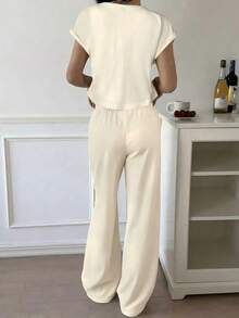 2pcs Women'S Loose Sleeveless Suit | Round Neck Vest Top And Pants Casual Two-Piece Set, Medium Stretch Fabric, Solid Color, Spring/Summer, Women'S Mock Neck Sweatshort Set, Loose Fit 2pcs Lounge Outfit With Wide Leg Pants,Pants Sets,Casual Two Piece Set,2 Piece Outfits Women - 杏色 - 查看 2