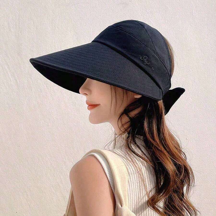 Women's Wide Brim Sun Hat, Breathable Sunshade Cap, Outdoor Cycling UV Protection Face Cover Design, Foldable Summer Sun Hat - 黑色 - 查看 1