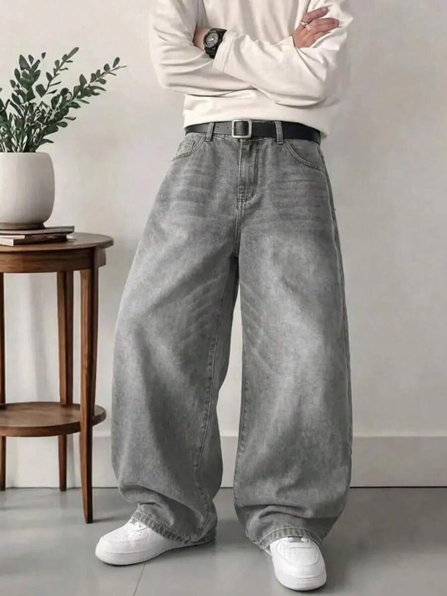Teens Boys' Pocketed Wide Leg Relaxed Casual Elastic Waist Jeans - Grey - View 1